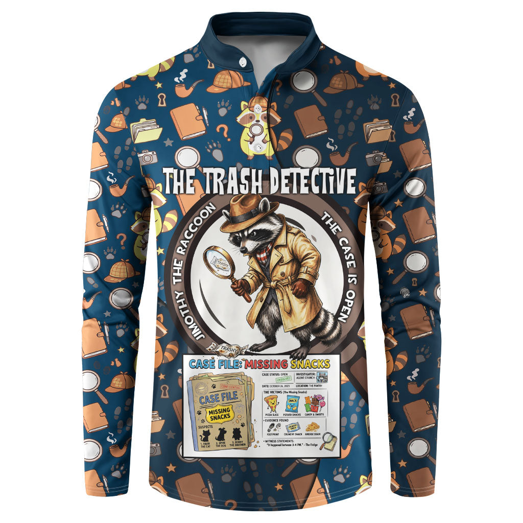 Jimothy The Raccoon The Trash Detective Button Sweatshirt Funny Noir Sleuth Missing Snacks Crime Mystery