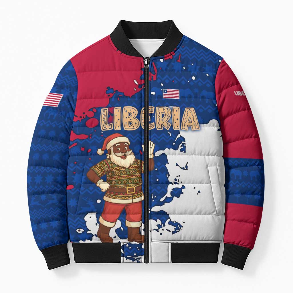 Liberia Christmas Bomber Puffer Jacket with Santa Claus Map Graphic and Red Blue Festive - Wonder Print Shop