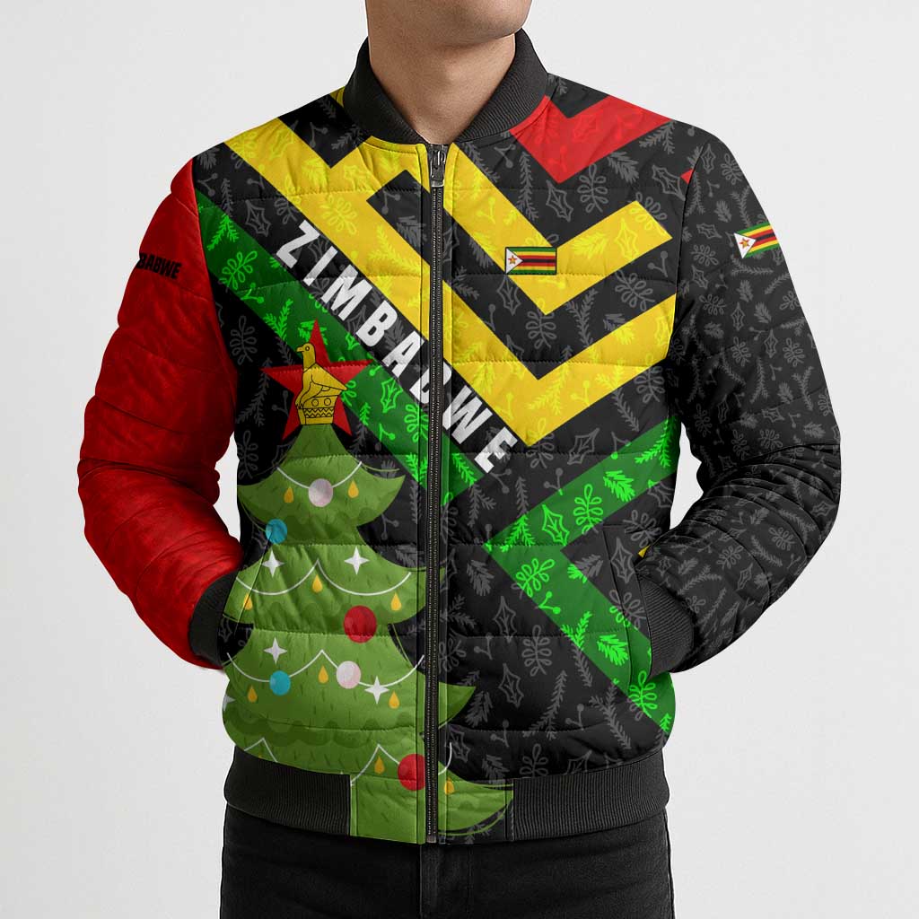 Zimbabwe Christmas Bomber Puffer Jacket with Flag Colors Xmas Tree and Holiday - Wonder Print Shop