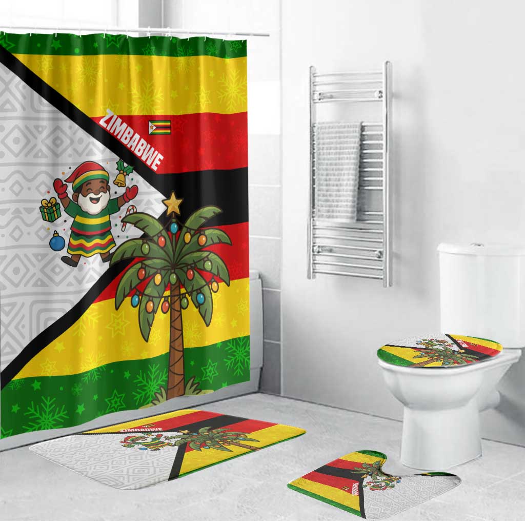 Zimbabwe Christmas Bathroom Set with Festive Santa Palm Tree and Red Yellow Green Flag - Wonder Print Shop