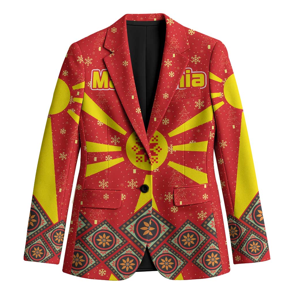 Macedonia Christmas Blazer with Yellow Sun, Santa, and Festive Tree Motif - Wonder Print Shop