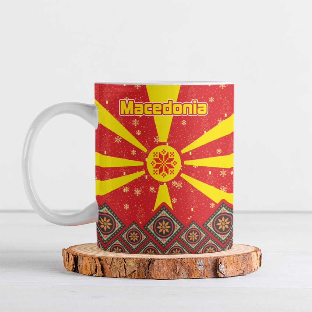 Macedonia Christmas Ceramic Mug with Yellow Sun, Santa, and Festive Tree Motif - Wonder Print Shop
