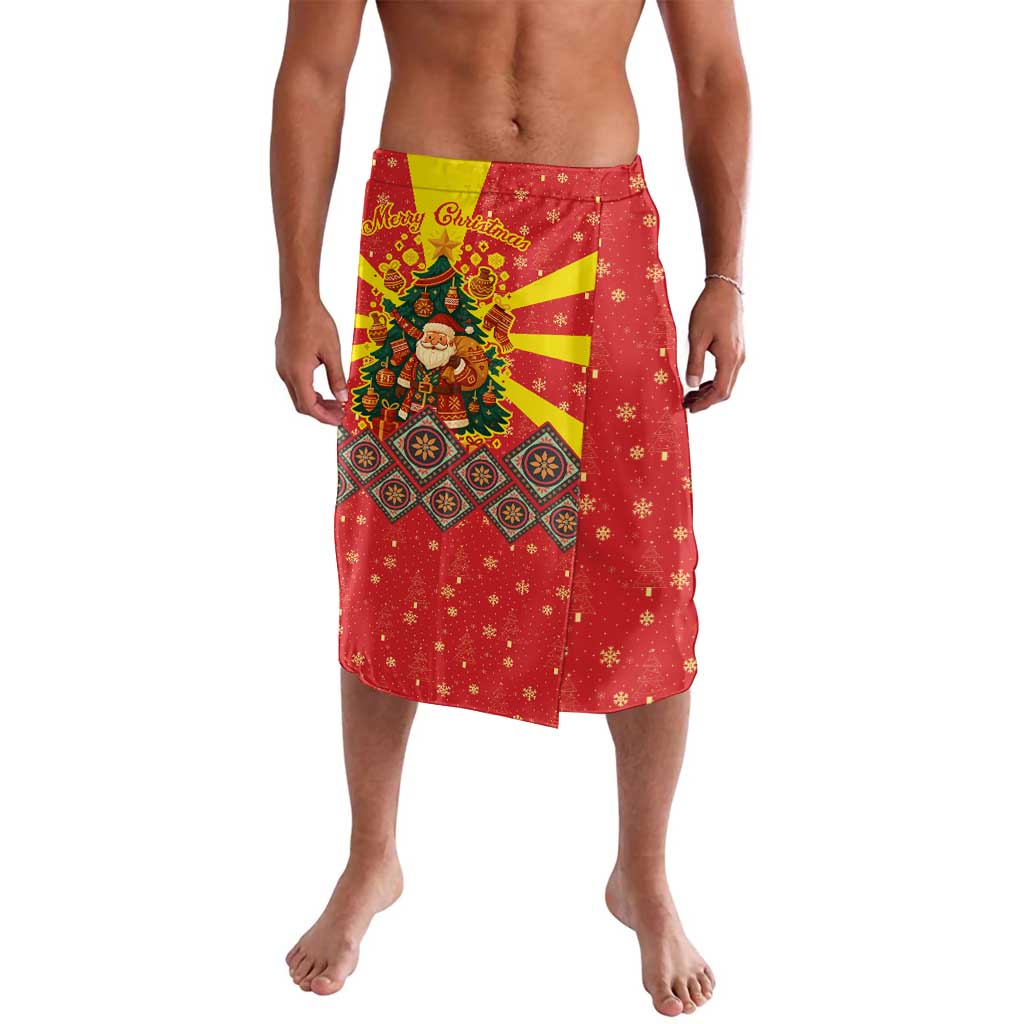 Macedonia Christmas Lavalava with Yellow Sun, Santa, and Festive Tree Motif - Wonder Print Shop