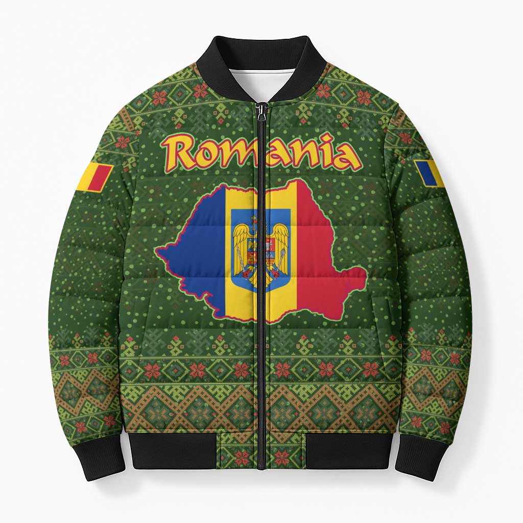 Romania Christmas Bomber Puffer Jacket with Map Tricolor Flag Golden Eagle and Santa Motif - Wonder Print Shop