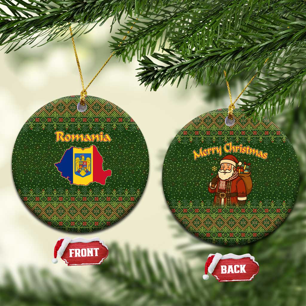 Romania Christmas Ceramic Ornament with Map Tricolor Flag Golden Eagle and Santa Motif - Wonder Print Shop