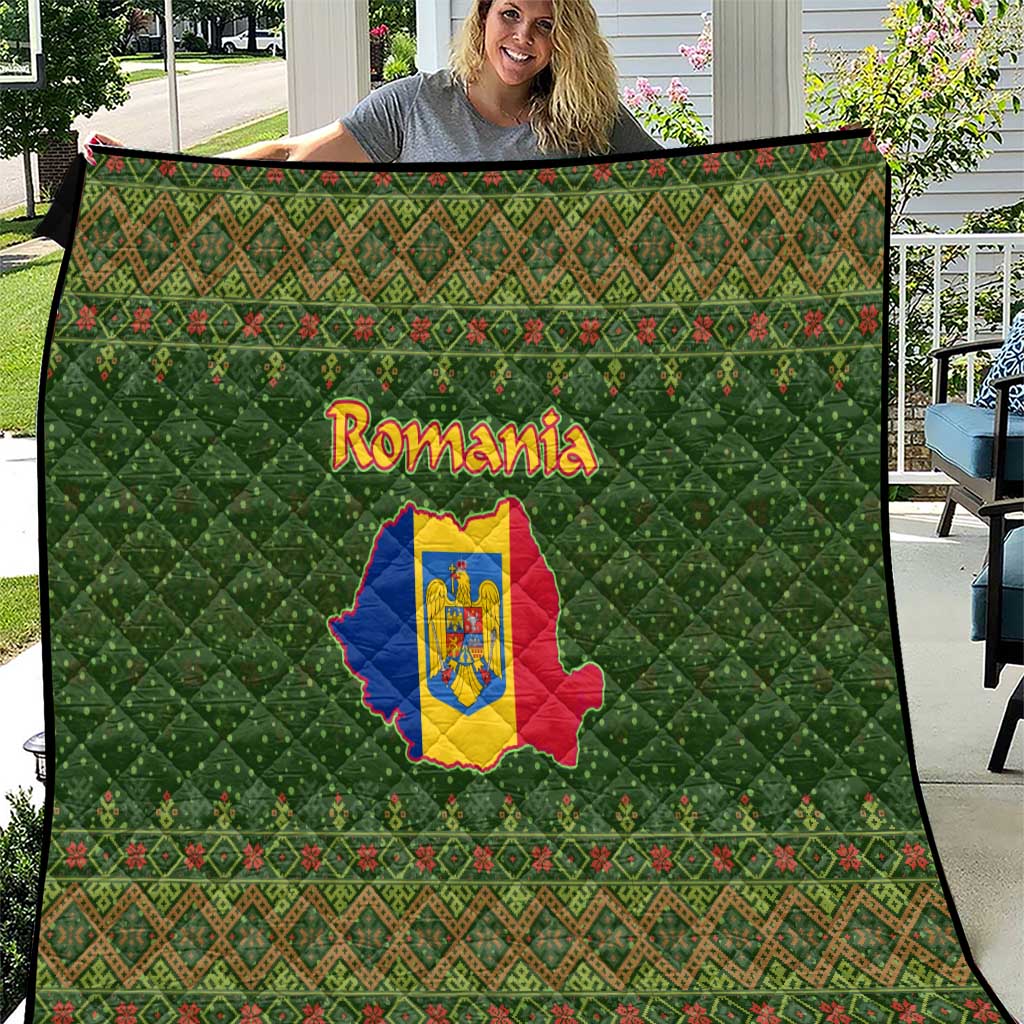Romania Christmas Quilt with Map Tricolor Flag Golden Eagle and Santa Motif - Wonder Print Shop