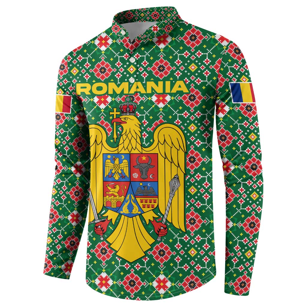 Romania Christmas Button Sweatshirt with Green and Red Pattern Golden Eagle and Santa Motif - Wonder Print Shop