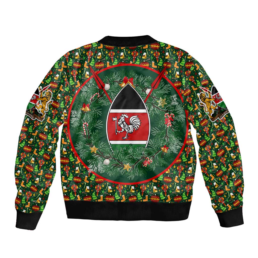 Kenya Christmas Bomber Jacket with Santa Feast Scene and Festive Wreath Pattern - Wonder Print Shop