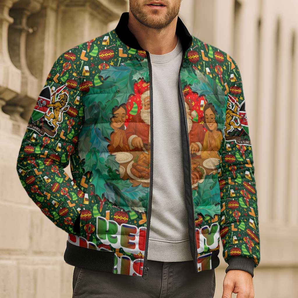 Kenya Christmas Bomber Puffer Jacket with Santa Feast Scene and Festive Wreath Pattern - Wonder Print Shop