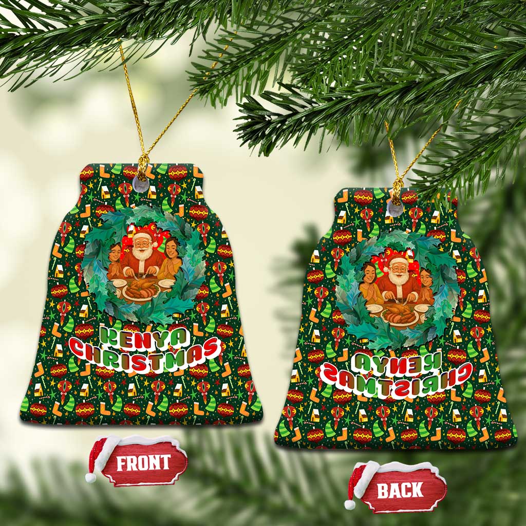 Kenya Christmas Ceramic Ornament with Santa Feast Scene and Festive Wreath Pattern - Wonder Print Shop