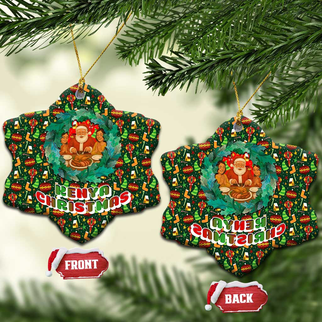 Kenya Christmas Ceramic Ornament with Santa Feast Scene and Festive Wreath Pattern - Wonder Print Shop