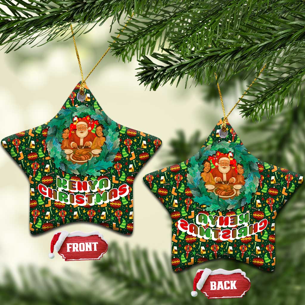 Kenya Christmas Ceramic Ornament with Santa Feast Scene and Festive Wreath Pattern - Wonder Print Shop