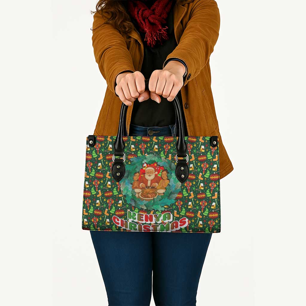 Kenya Christmas Leather Bag with Santa Feast Scene and Festive Wreath Pattern - Wonder Print Shop