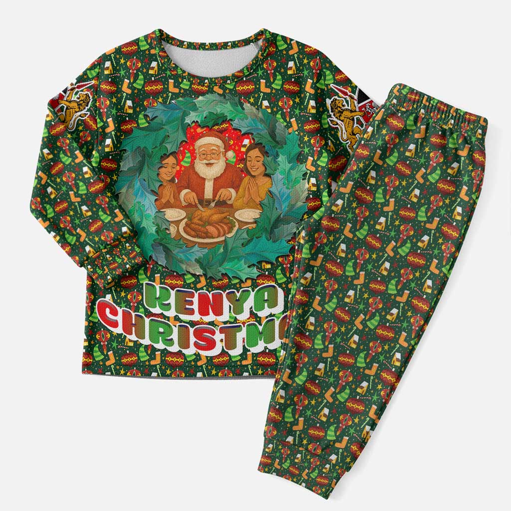 Kenya Christmas Pajama Set with Santa Feast Scene and Festive Wreath Pattern - Wonder Print Shop