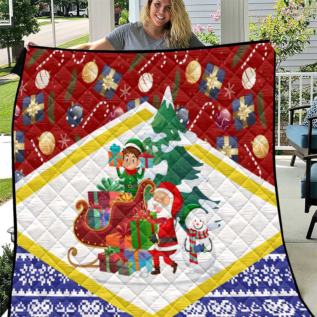 Croatia Christmas Quilt with Santa Sleigh Presents and Red Checkered Crest - Wonder Print Shop