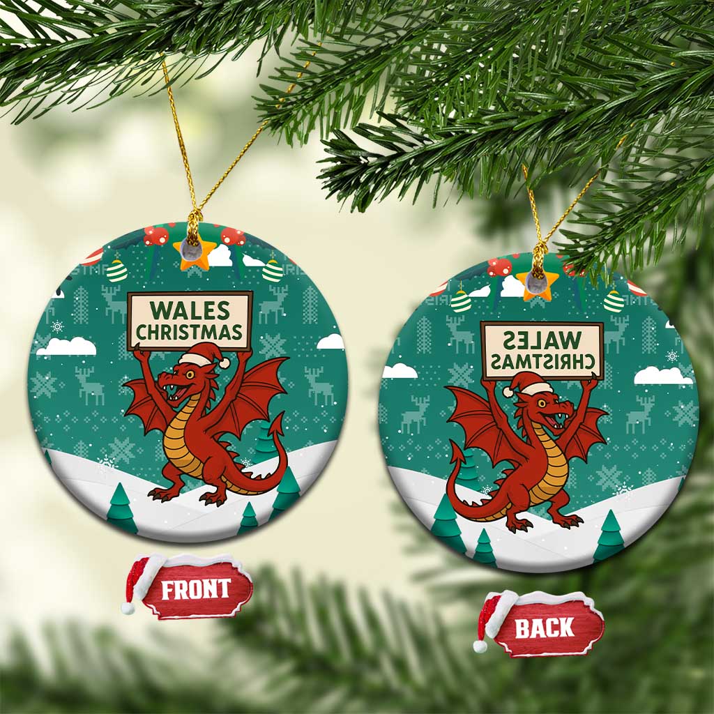 Wales Christmas Ceramic Ornament with Red Dragon Santa Sleigh and Festive Green Snowflake - Wonder Print Shop