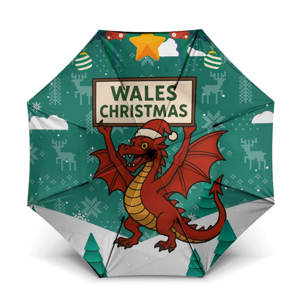 Wales Christmas Umbrella with Red Dragon Santa Sleigh and Festive Green Snowflake - Wonder Print Shop