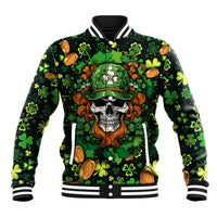 Unisex green skull baseball jacket with varsity-style snap front, ribbed cuffs