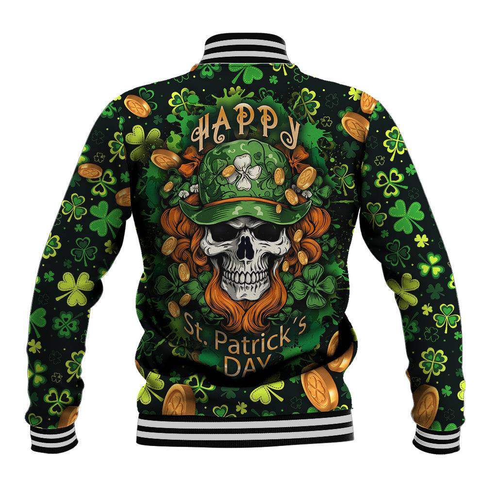 Unisex green skull St. Patrick's Day baseball jacket, all-over graphic, ribbed collar