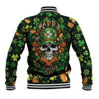 Unisex green skull St. Patrick's Day baseball jacket, all-over graphic, ribbed collar