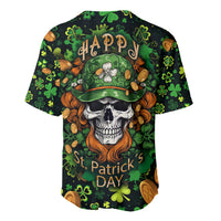 Green baseball jersey with St. Patrick’s Day skull graphic, clover pattern, button front