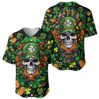 Green baseball jersey with skull wearing green hat, clover and coin allover print
