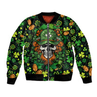Unisex green bomber jacket with front zipper and St. Patrick's Day skull graphic