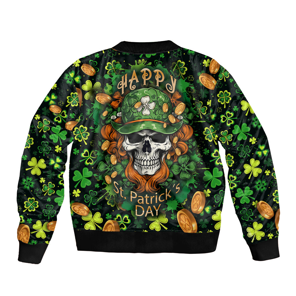 Unisex green bomber jacket with St. Patrick's Day skull graphic on back