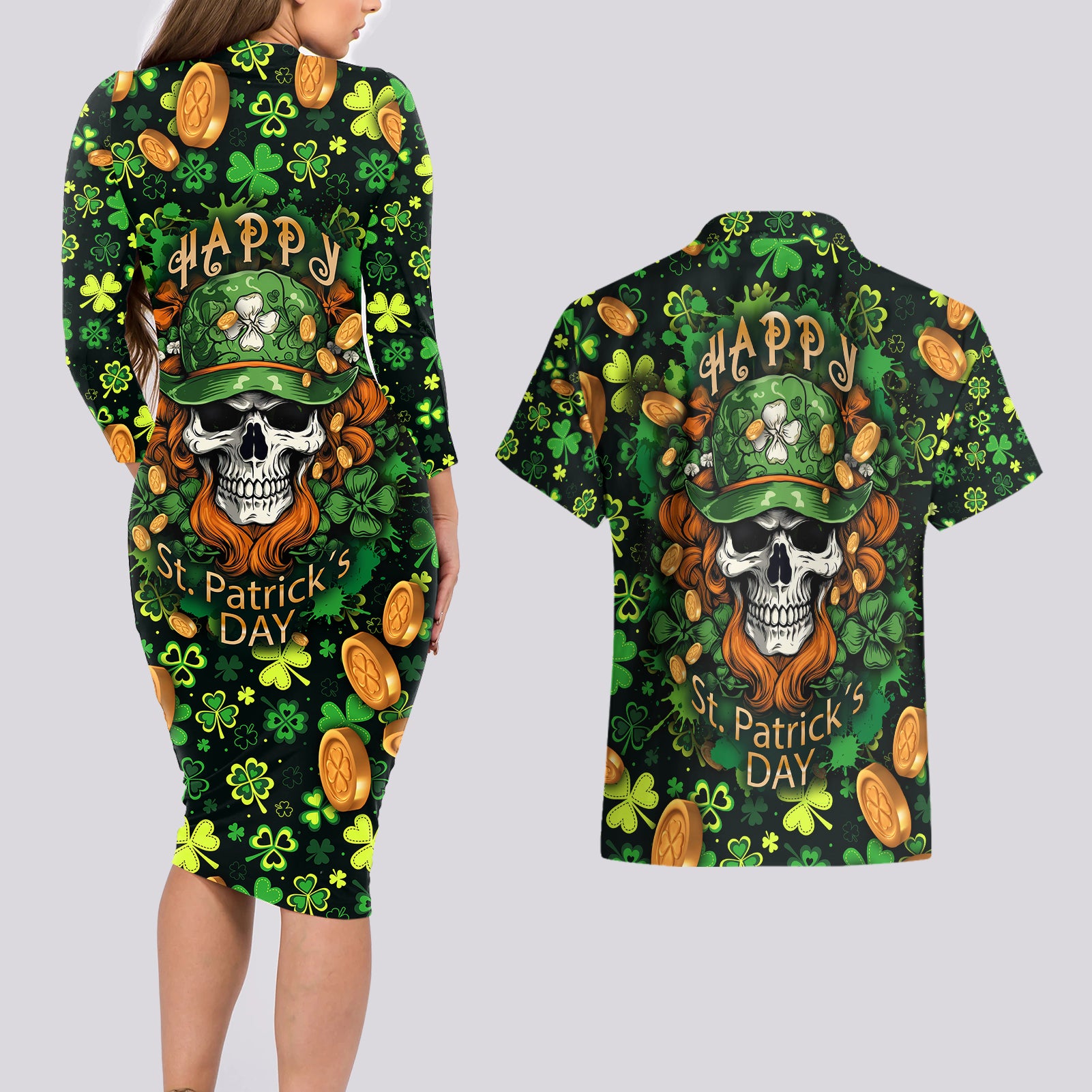 Happy St. Patrick's Day Skull Couples Matching Long Sleeve Bodycon Dress and Hawaiian Shirt - Wonder Print Shop