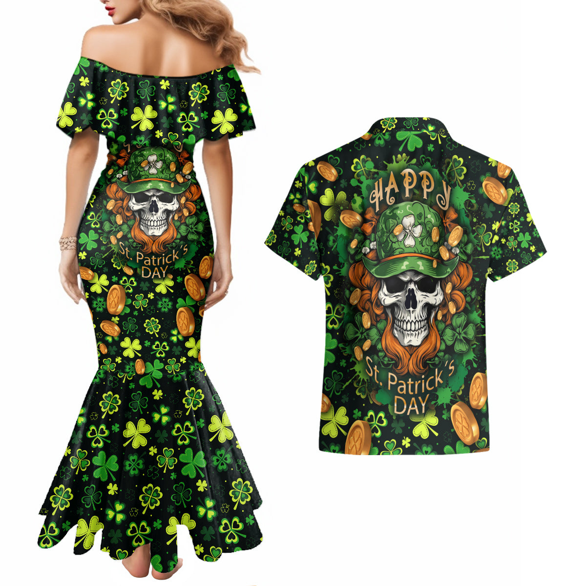 Happy St. Patrick's Day Skull Couples Matching Mermaid Dress and Hawaiian Shirt - Wonder Print Shop