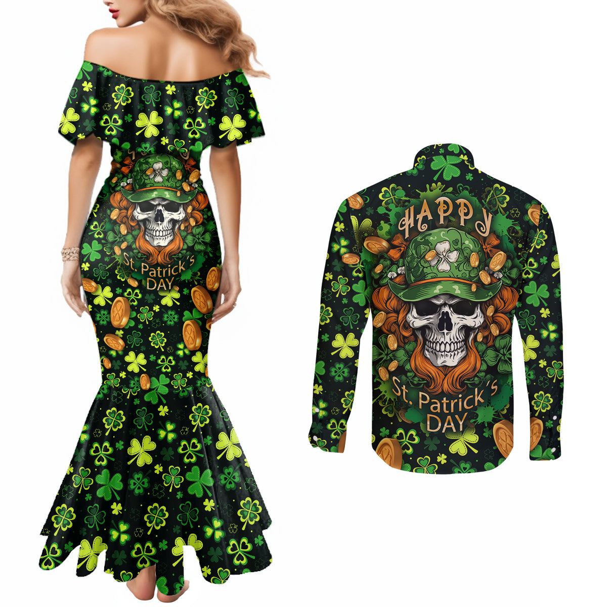 happy-st-patricks-day-skull-couples-matching-mermaid-dress-and-long-sleeve-button-shirts