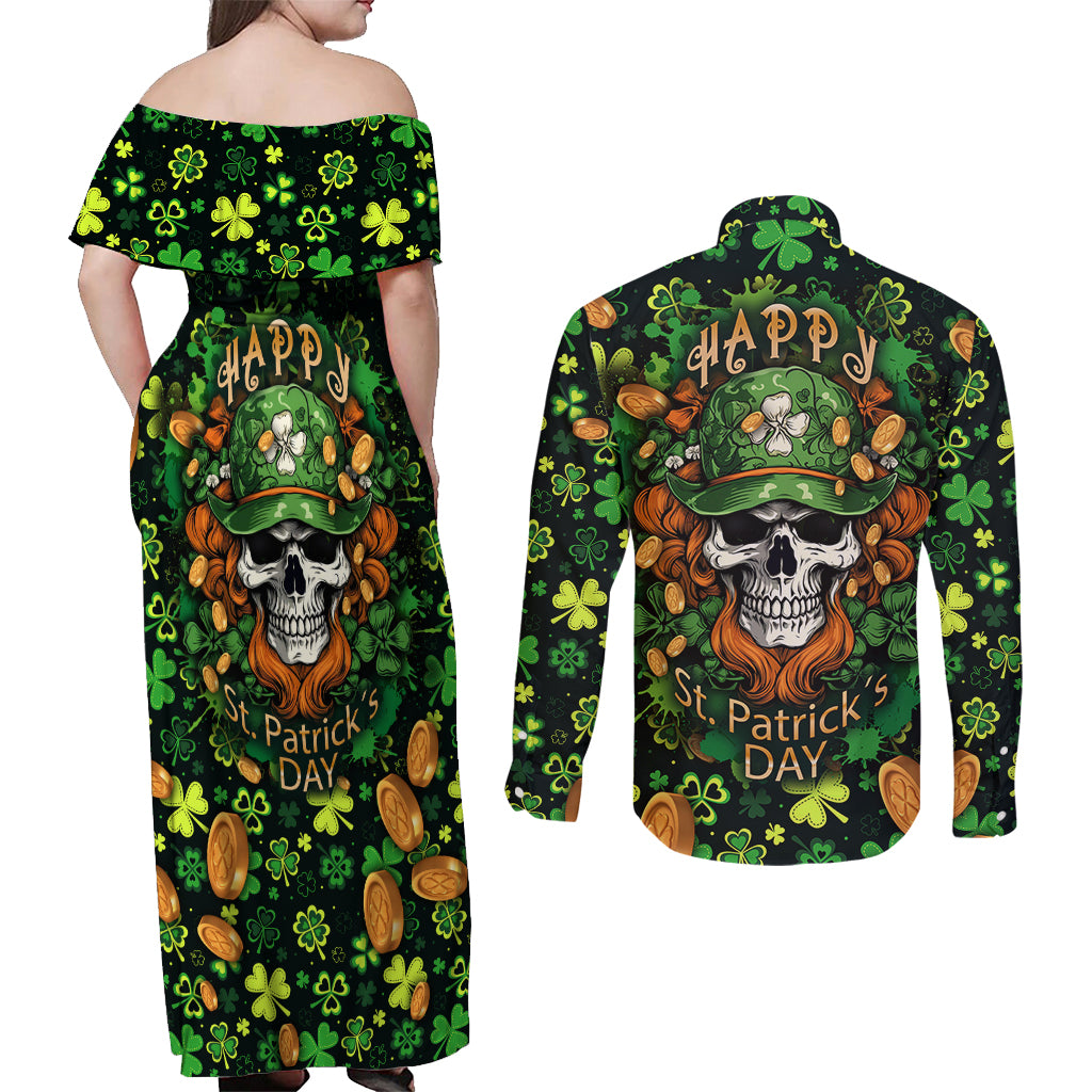 Happy St. Patrick's Day Skull Couples Matching Off Shoulder Maxi Dress and Long Sleeve Button Shirts - Wonder Print Shop