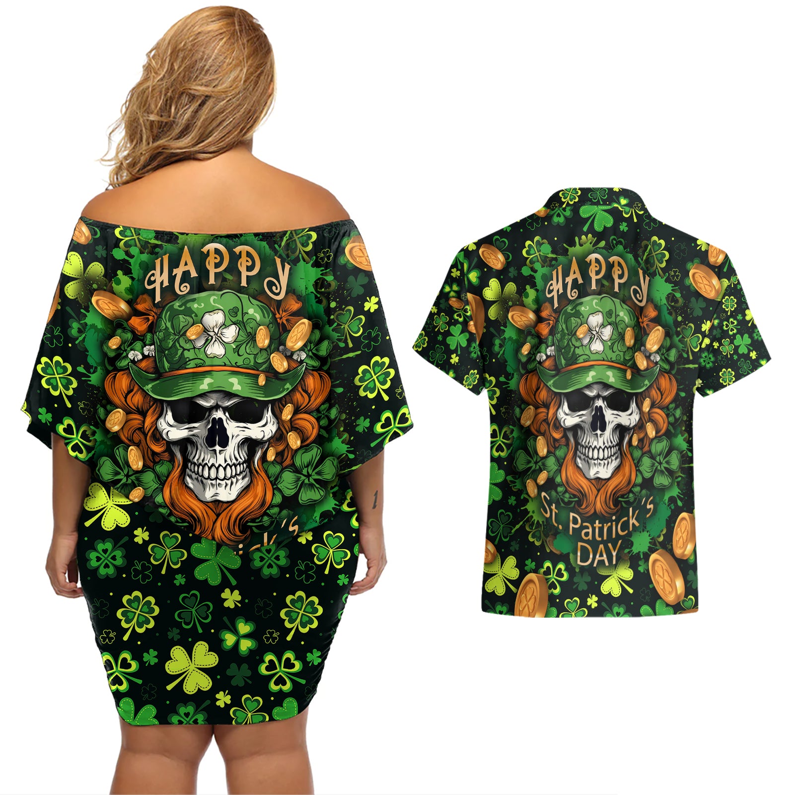 Happy St. Patrick's Day Skull Couples Matching Off Shoulder Short Dress and Hawaiian Shirt - Wonder Print Shop