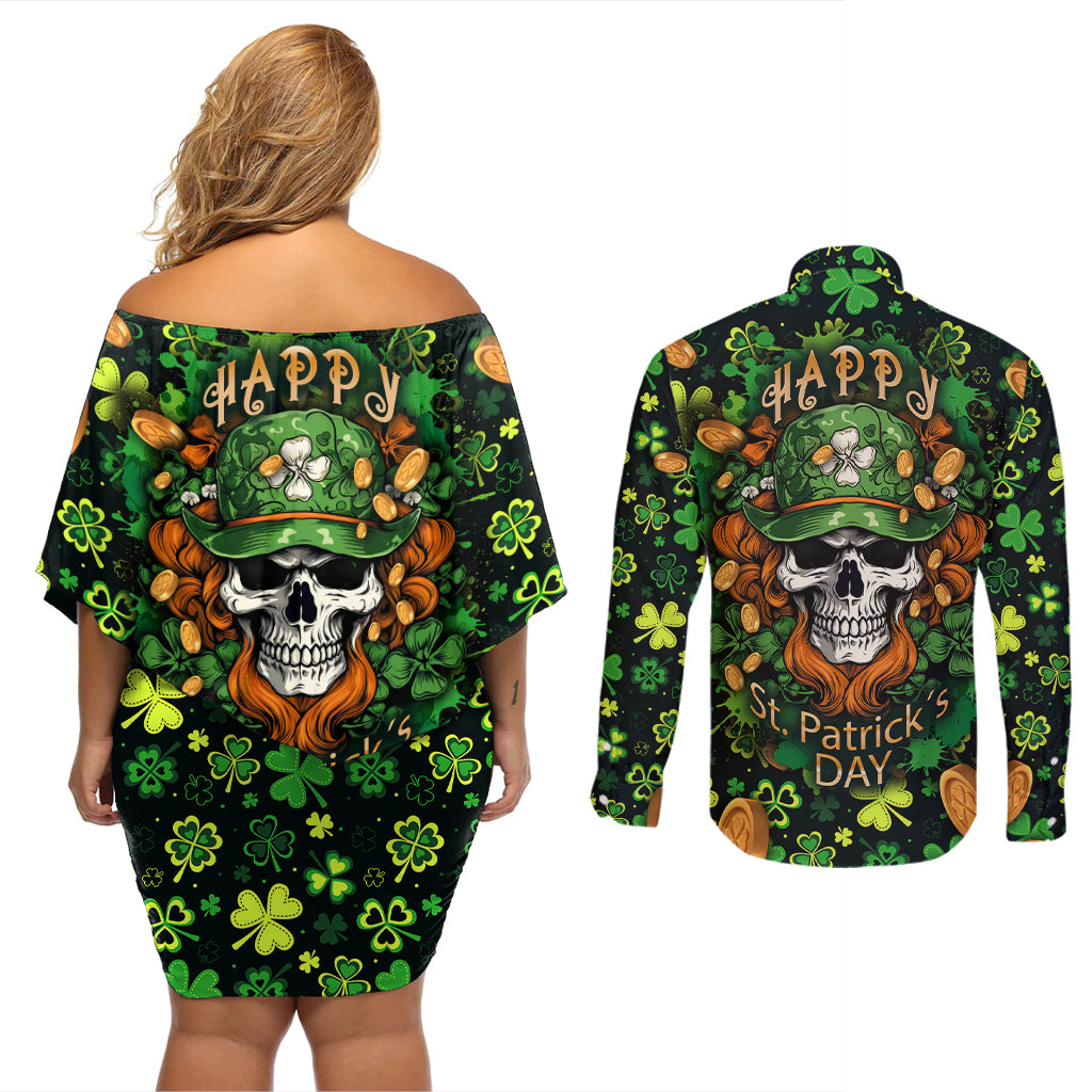 Happy St. Patrick's Day Skull Couples Matching Off Shoulder Short Dress and Long Sleeve Button Shirts - Wonder Print Shop