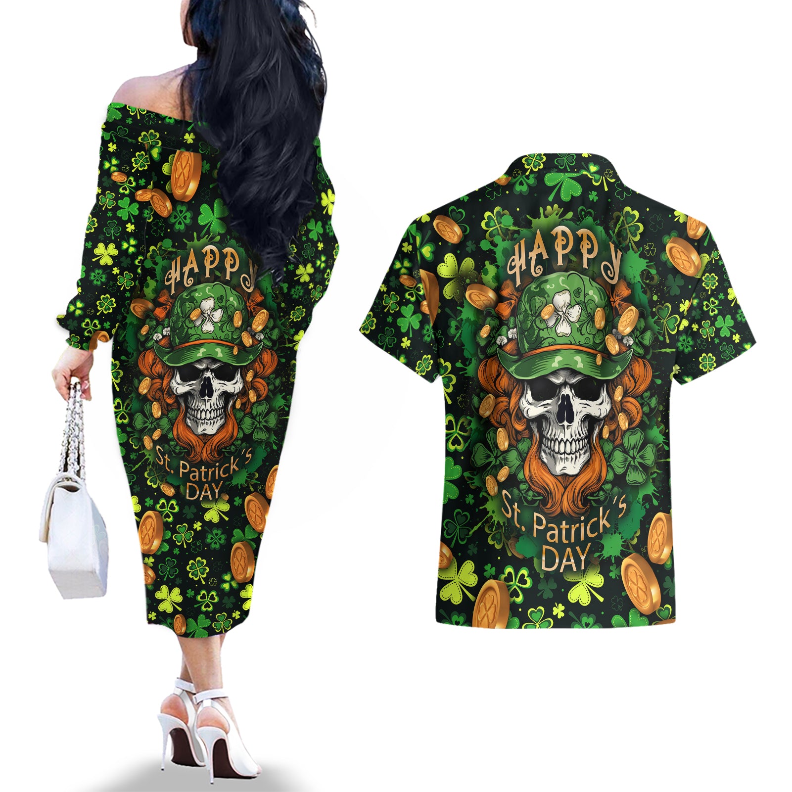 Happy St. Patrick's Day Skull Couples Matching Off The Shoulder Long Sleeve Dress and Hawaiian Shirt - Wonder Print Shop