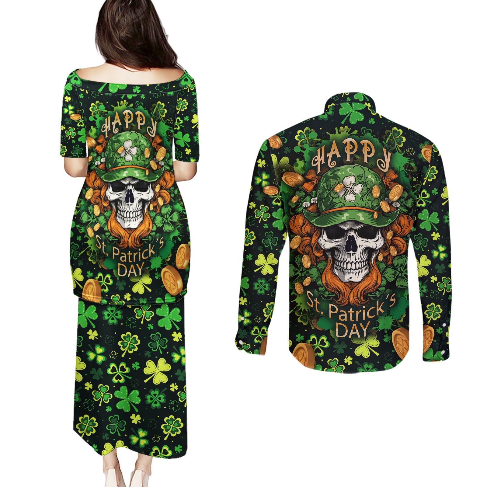 Happy St. Patrick's Day Skull Couples Matching Puletasi Dress and Long Sleeve Button Shirts - Wonder Print Shop