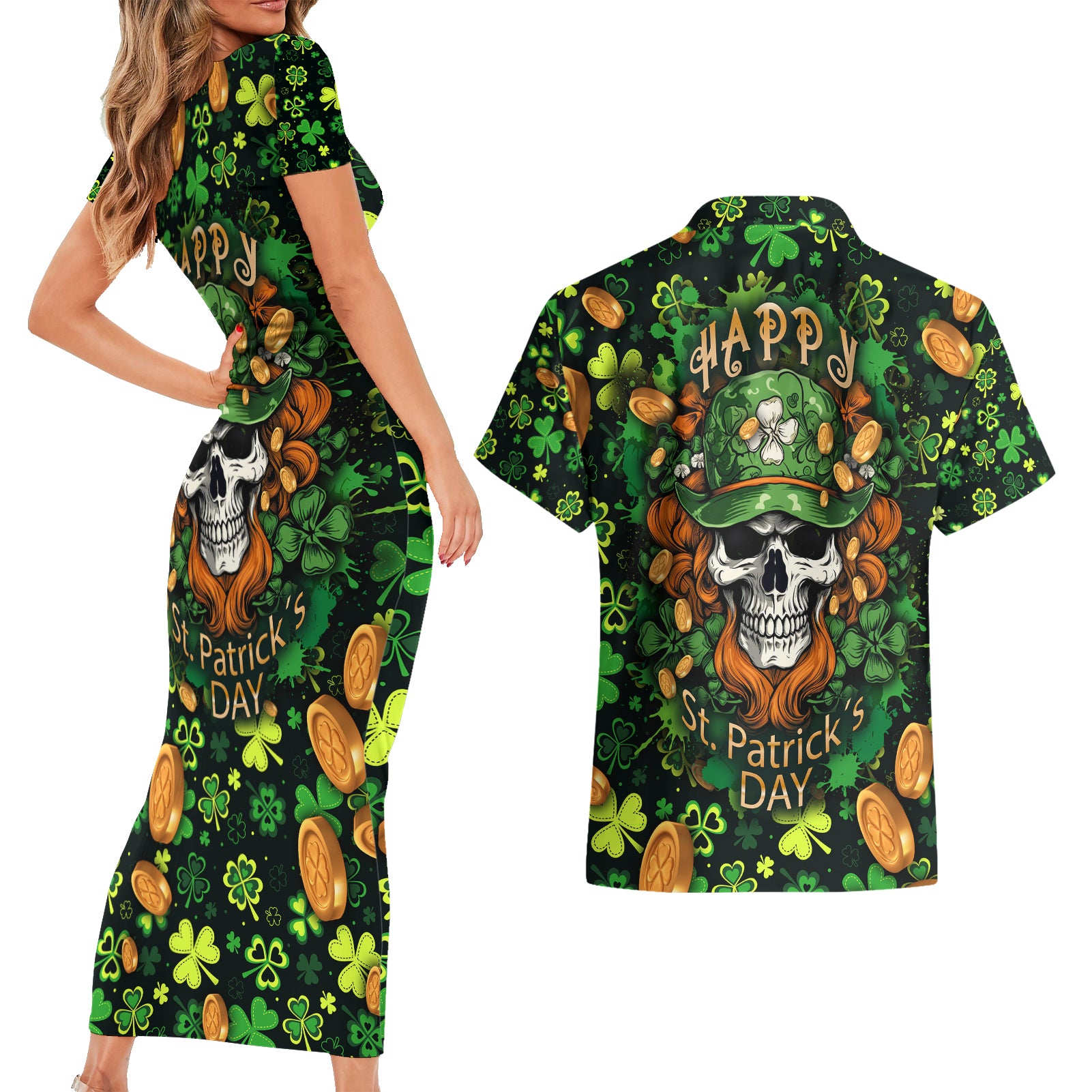 Happy St. Patrick's Day Skull Couples Matching Short Sleeve Bodycon Dress and Hawaiian Shirt - Wonder Print Shop