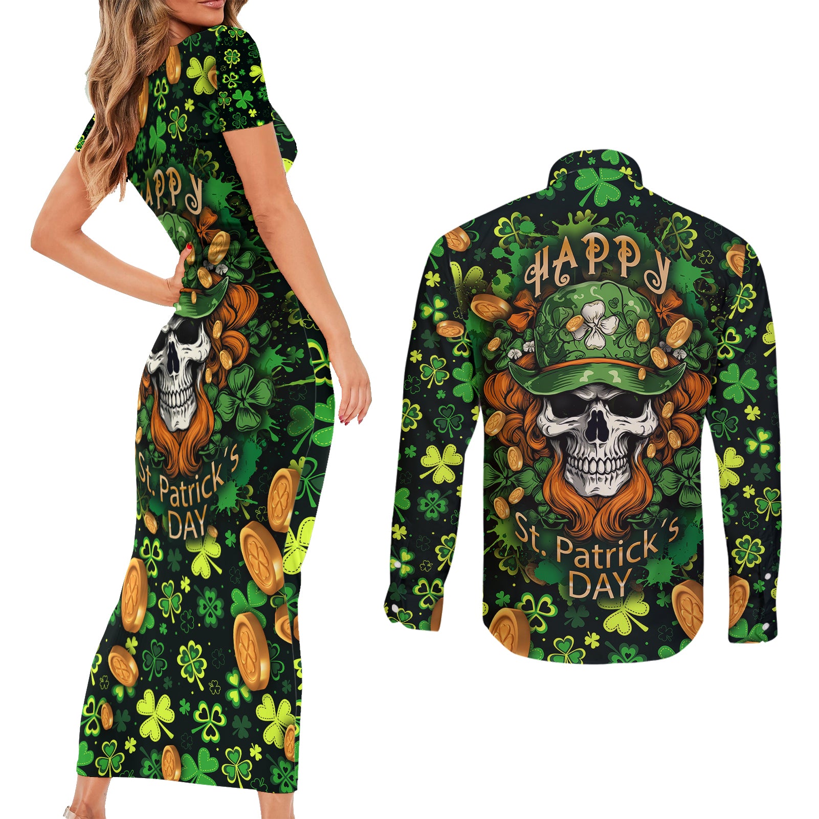 Happy St. Patrick's Day Skull Couples Matching Short Sleeve Bodycon Dress and Long Sleeve Button Shirts - Wonder Print Shop