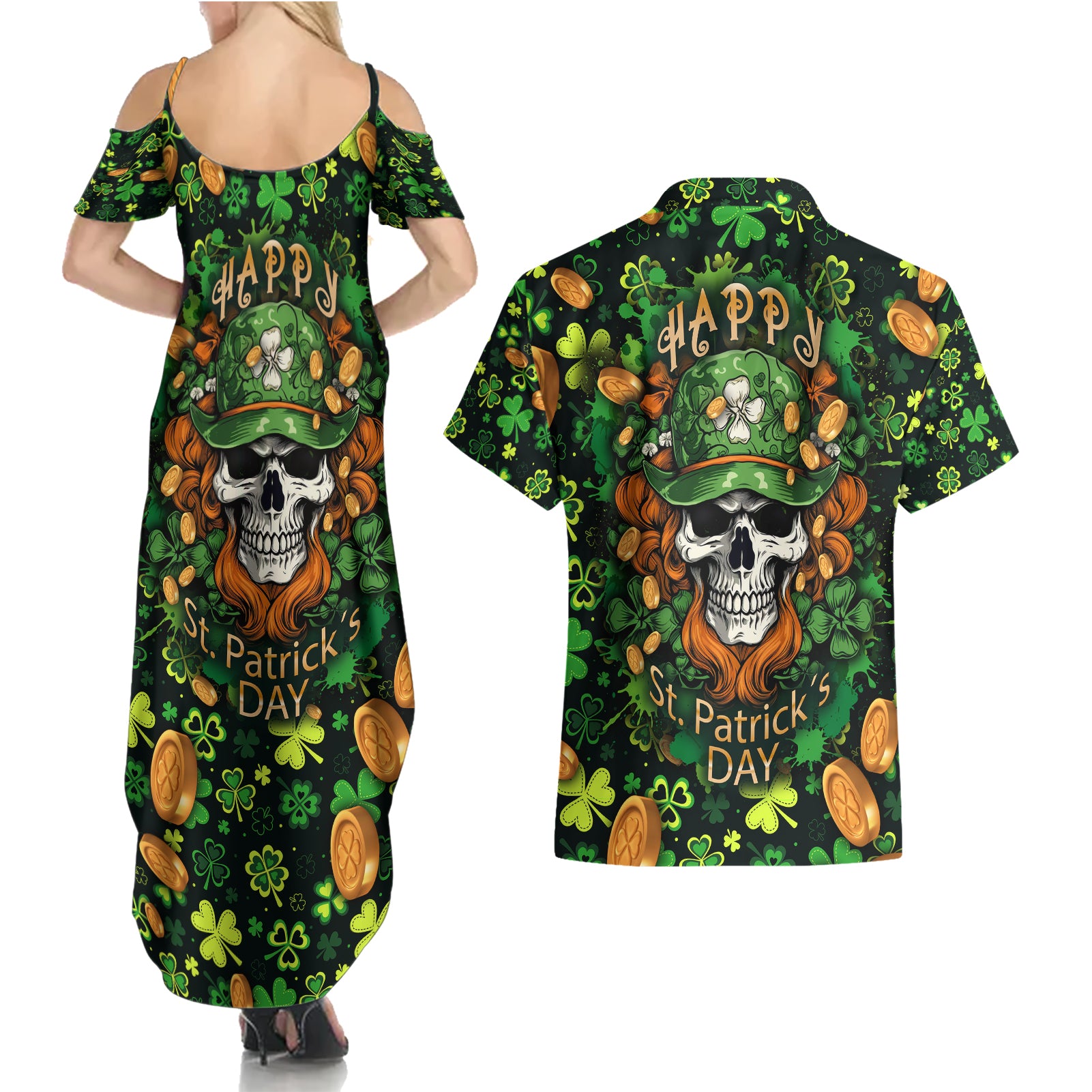 Happy St. Patrick's Day Skull Couples Matching Summer Maxi Dress and Hawaiian Shirt - Wonder Print Shop