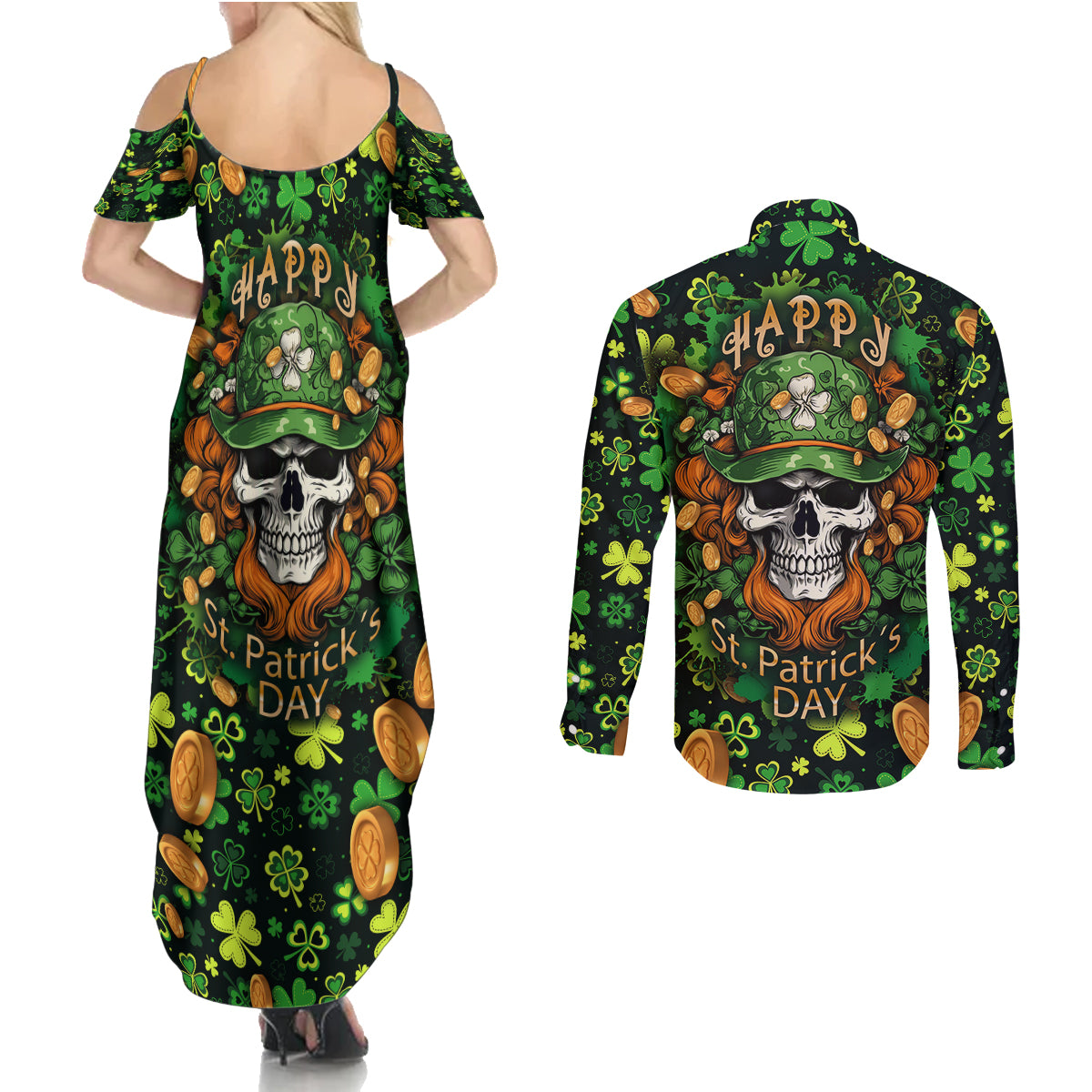 Happy St. Patrick's Day Skull Couples Matching Summer Maxi Dress and Long Sleeve Button Shirts - Wonder Print Shop