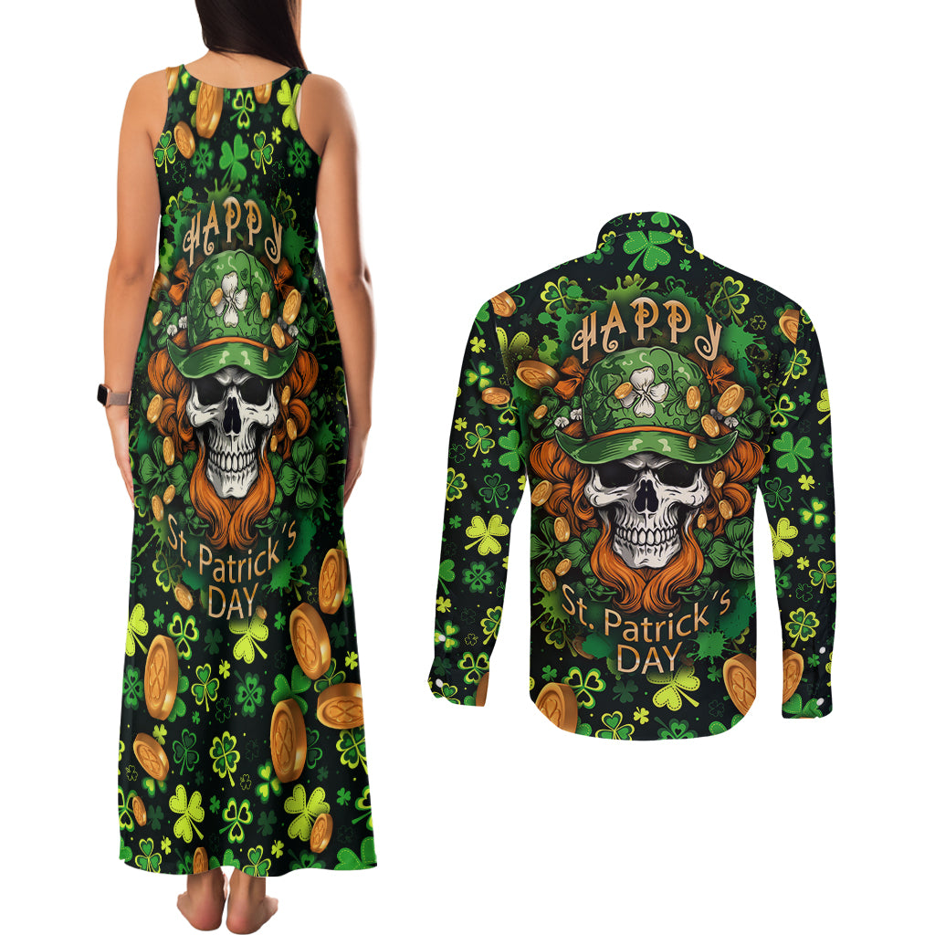 Happy St. Patrick's Day Skull Couples Matching Tank Maxi Dress and Long Sleeve Button Shirts - Wonder Print Shop