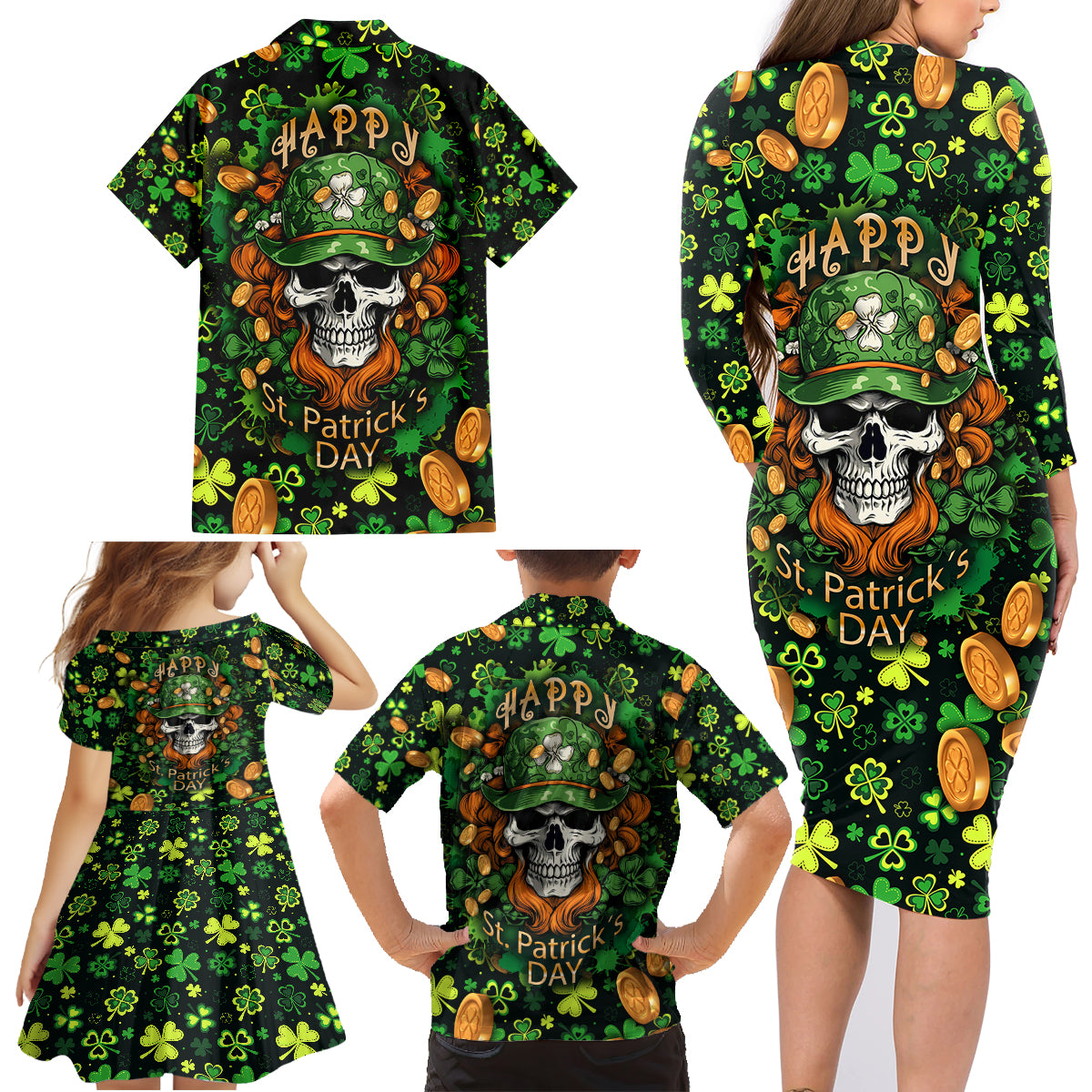 Happy St. Patrick's Day Skull Family Matching Long Sleeve Bodycon Dress and Hawaiian Shirt - Wonder Print Shop