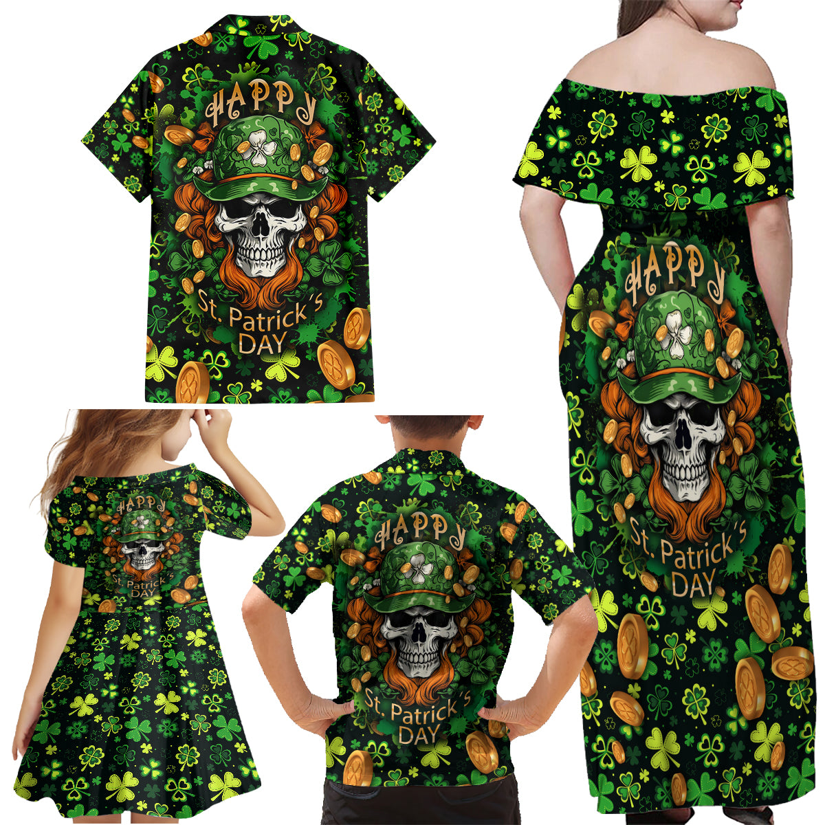 Happy St. Patrick's Day Skull Family Matching Off Shoulder Maxi Dress and Hawaiian Shirt - Wonder Print Shop