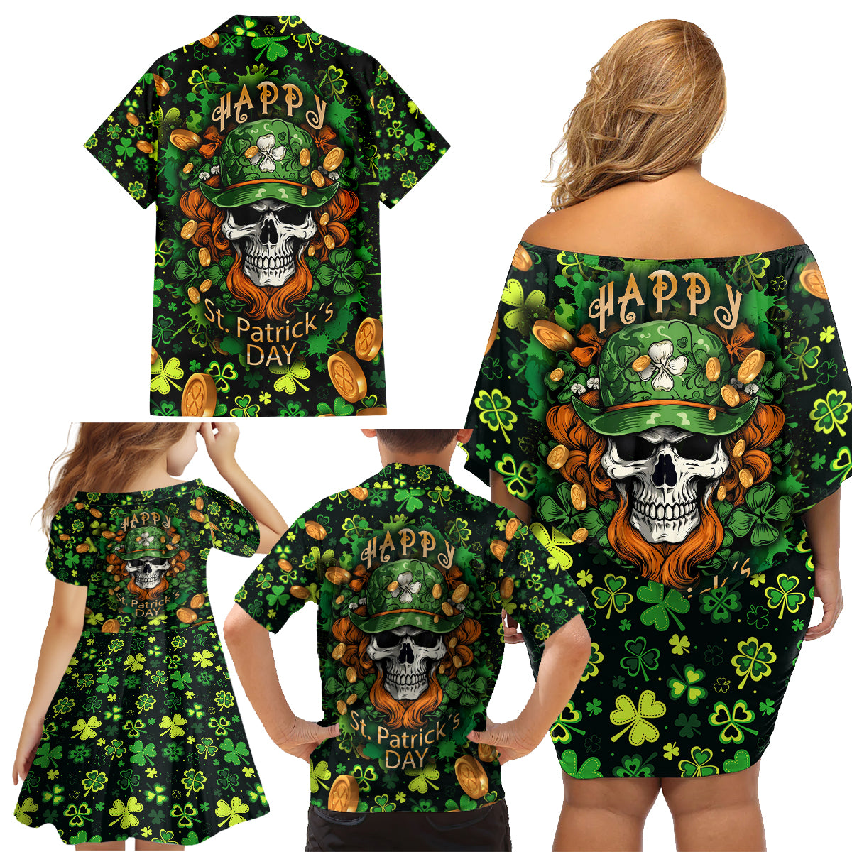 Happy St. Patrick's Day Skull Family Matching Off Shoulder Short Dress and Hawaiian Shirt - Wonder Print Shop