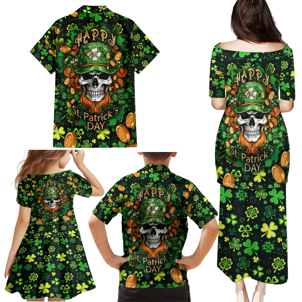 Happy St. Patrick's Day Skull Family Matching Puletasi Dress and Hawaiian Shirt - Wonder Print Shop