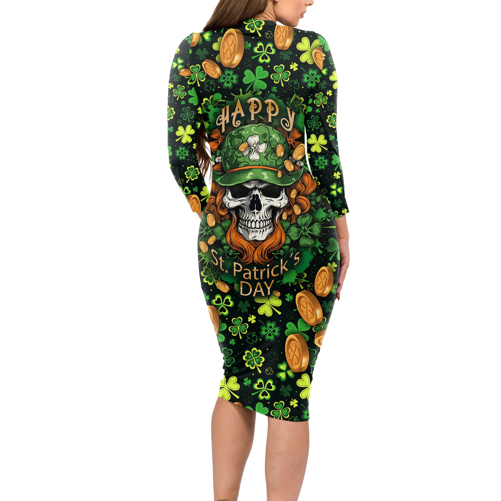 Happy St. Patrick's Day Skull Long Sleeve Bodycon Dress - Wonder Print Shop