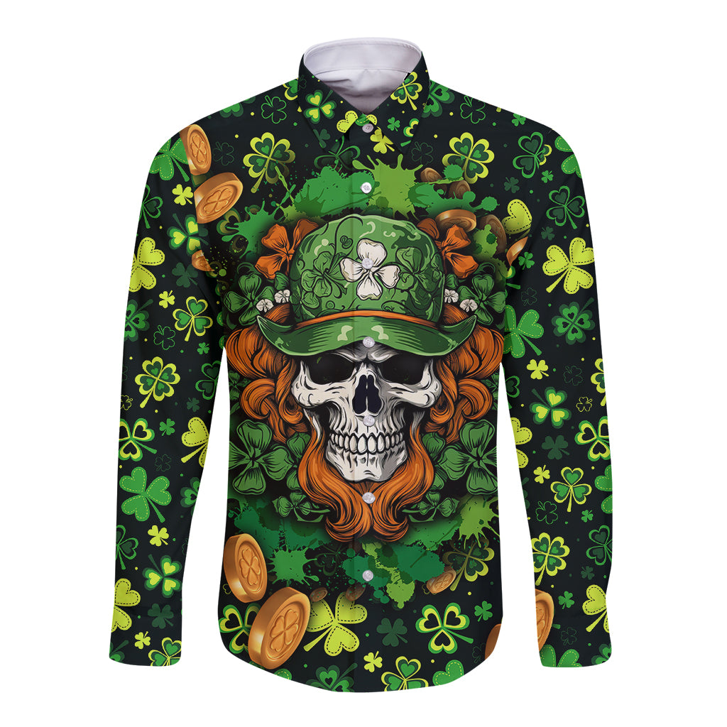 Green long-sleeve button shirt with skull and leprechaun hat graphic, shamrocks pattern