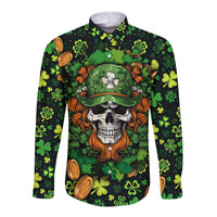 Green long-sleeve button shirt with skull and leprechaun hat graphic, shamrocks pattern