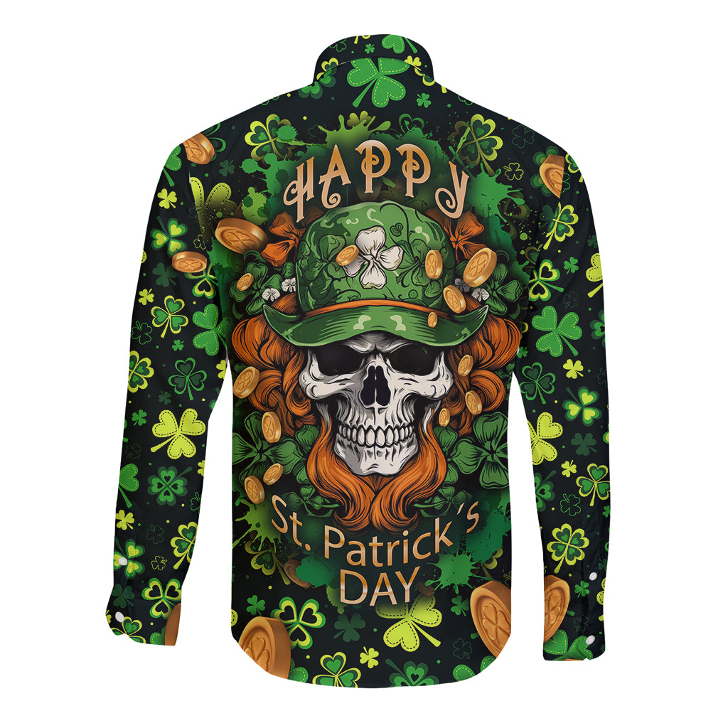 Green long-sleeve button shirt with skull, leprechaun hat, shamrocks, Happy St. Patrick's Day