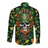 Green long-sleeve button shirt with skull, leprechaun hat, shamrocks, Happy St. Patrick's Day